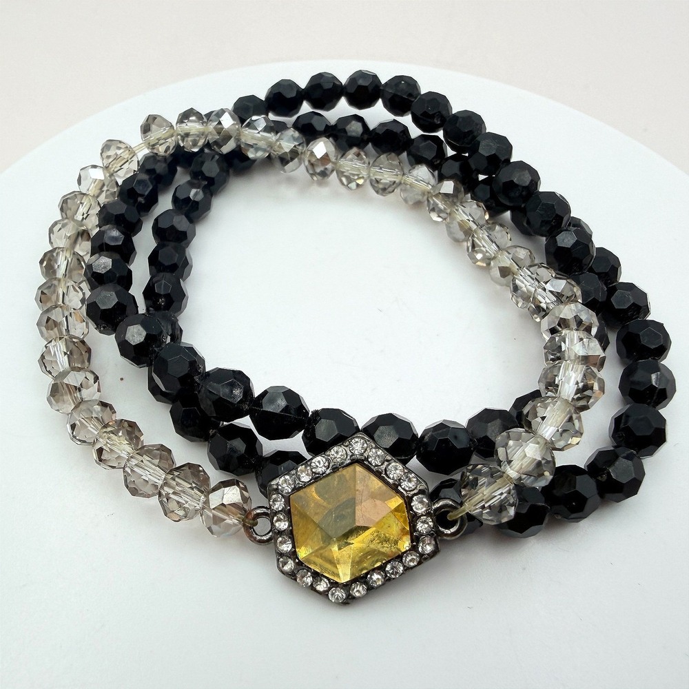 Vintage Y2K Multi Strand Black Clear Bead Yellow‎ Glass Stretch Bracelet Jewelry